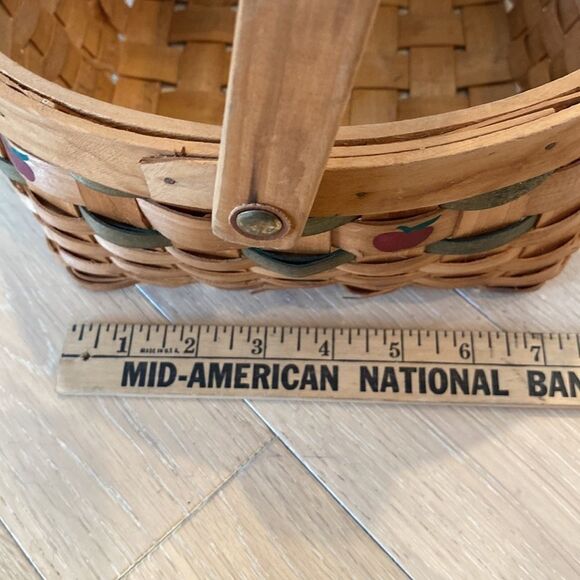 Vintage Basket Woven Wood Slat Hinged Handle Apple Design Green Accent 8.5x10” - Picture 9 of 16